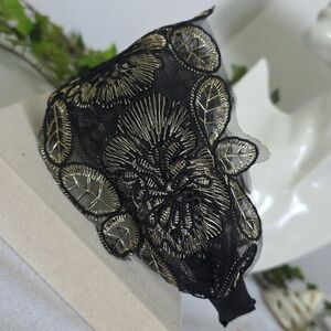 Embroidered Wide Black Lace Gold Floral Headband